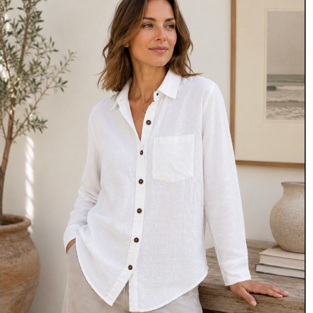 Vikolino Womens 100% European Washed Linen Shirt White Button Down Size S